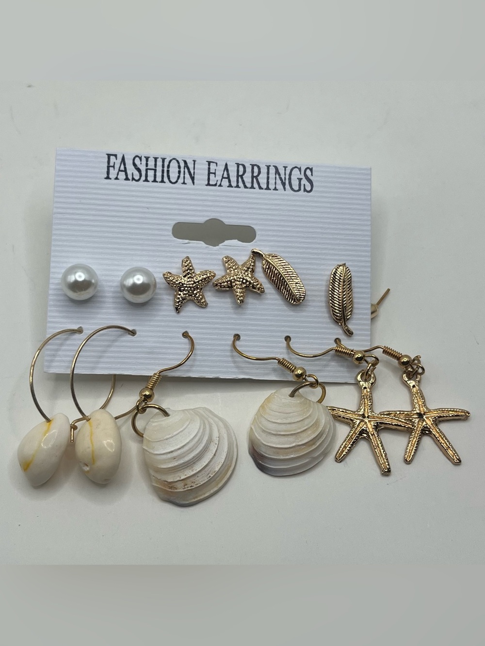 Set - White & Gold Beach Shell and Starfish Earrings